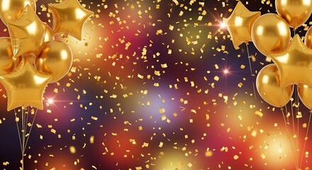 Golden balloons and sparkling confetti create a festive and celebratory atmosphere