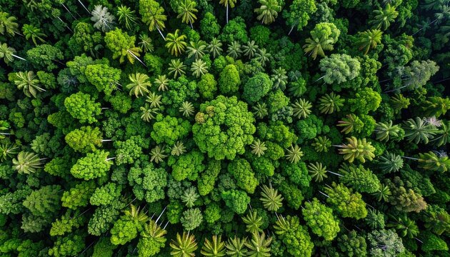 Aerial View of Lush Green Canopy with Various Textures of Palm and Broadleaf Trees Under Natural Sunlight Forest Landscape