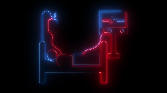 Red and blue neon glowing hospital bed with IV drip and heart monitor icon on dark background, medical healthcare design.