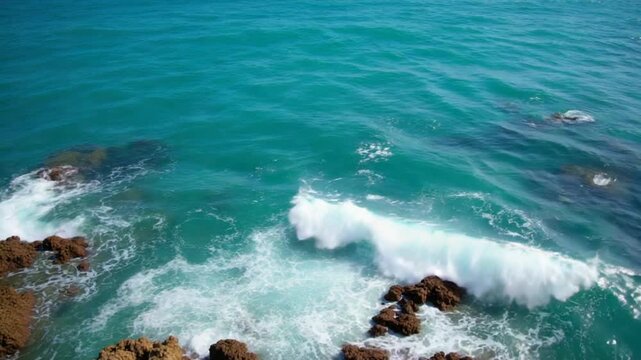 Turquoise sea water splashes against rocks under a bright sun. Clear waves reveal the sea's bottom, creating a picturesque scene of nature's beauty along the coast