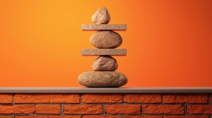 A balanced stack of stones atop a brick surface against an orange background, symbolizing harmony and tranquility.