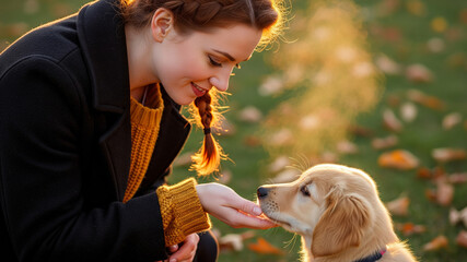 Smiling woman bonding with a golden retriever puppy in golden autumn light