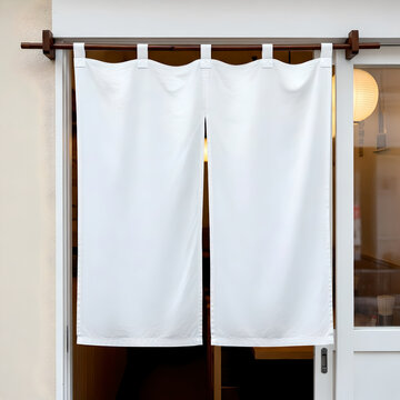 Traditional Japanese Doorway with White Noren Curtain for Mockup