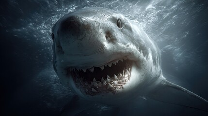 Fototapeta premium Close-Up Underwater View of a Great White Shark Displaying Rows of Sharp Teeth and Powerful Presence