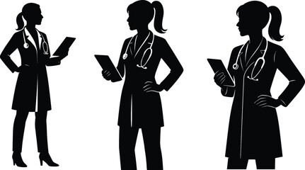Female doctor silhouettes bundle set holding medical records professional medical figures 