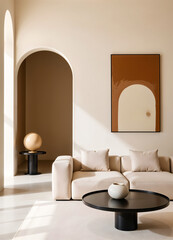 Grunge old accent coffee table near white sofa against arched window and white wall with big art poster frame