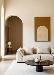 Grunge old accent coffee table near white sofa against arched window and white wall with big art poster frame