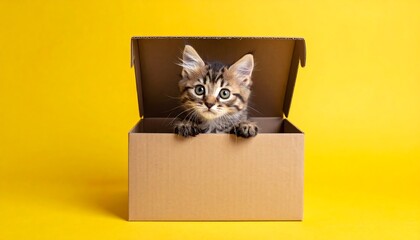 Curious kitten in a cardboard box