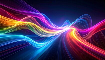 Vivid abstract illustration featuring flowing, colorful light trails against a dark background, creating dynamic patterns