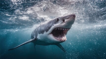 Powerful Great White Shark Swimming in Ocean Water with Open Mouth and Sharp Teeth Under Dramatic Light Conditions