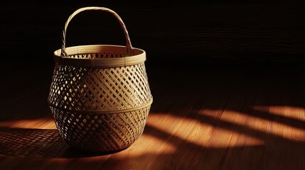 Decorative Woven Basket Displayed in Warm Ambient Light on Wooden Floor with Soft Shadows