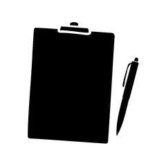 Black and white image of a clipboard and pen ready for notes