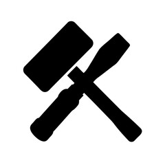 Black silhouette of a rubber mallet and chisel tool crossing each other