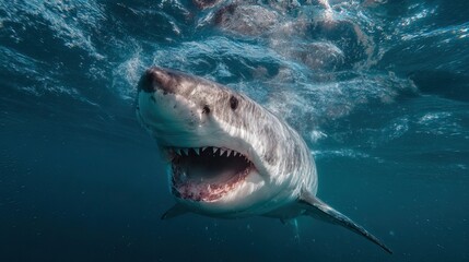 Fototapeta premium Majestic Great White Shark Swimming Gracefully Underwater with Open Mouth Captured in Crystal Clear Ocean Water