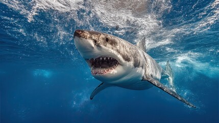 Naklejka premium Majestic Great White Shark Swimming Beneath Waves in Crystal Clear Ocean Water, Showcasing Powerful Nature and Marine Life