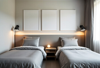 Modern bedroom with a framed artwork overlooking cityscape through windows