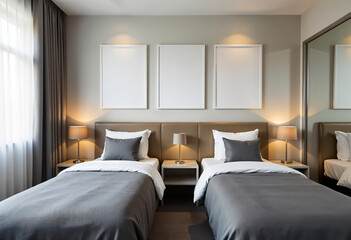 Modern bedroom with a framed artwork overlooking cityscape through windows