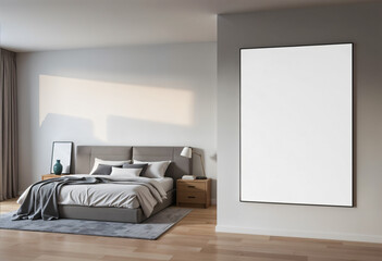 Modern bedroom with a framed artwork overlooking cityscape through windows