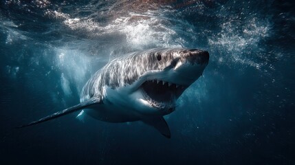 Fototapeta premium Majestic Great White Shark Swimming Gracefully in Ocean Depths with Sunlight Filtering Through Water Surface