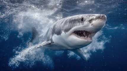 Majestic Great White Shark Swimming in Clear Blue Ocean Waters Captured in Stunning Underwater Photography