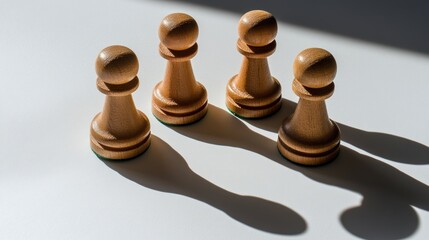 Four Wooden Chess Pawns Arranged in a Row Cast Shadows on White Surface