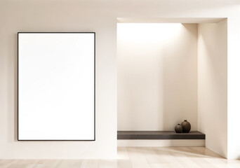 Modern minimalist living room with comfortable benches and empty framed pictures on the wall.