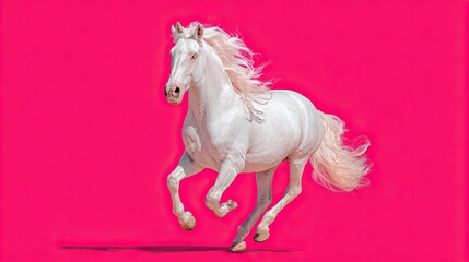 Majestic White Horse Galloping Gracefully Against Vibrant Pink Background