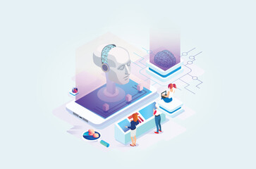 Modern Isometric artificial intelligence robot learning illustration, Web Banner, Suitable for Diagrams, Infographics, Book Illustrations, Game Assets and Other Graphic Related Assets