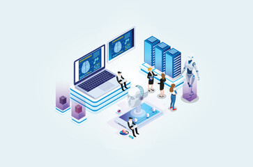 Modern Isometric artificial intelligence robot learning illustration, Web Banner, Suitable for Diagrams, Infographics, Book Illustrations, Game Assets and Other Graphic Related Assets