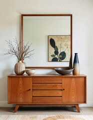 Blank vertical wooden picture frame mockup on a rustic cabinet for home decor display.