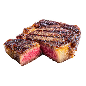 Grilled ribeye steak with seared grill marks and pink center. Isolated on a clean white background. Conveys indulgence and premium satisfaction. Ideal for menus, food ads