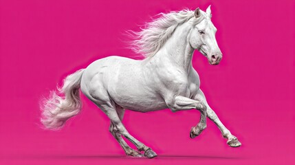 Naklejka premium Majestic white horse running gracefully against a vibrant pink background, showcasing beauty and elegance in motion