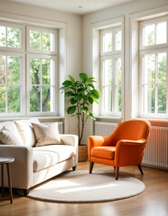 Fototapeta premium Minimalist interior design of modern living room. Vibrant orange accent armchair near white sofa against wall with copy space.