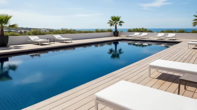 Swimming pool on roof deck with ocean view and tropical plants.