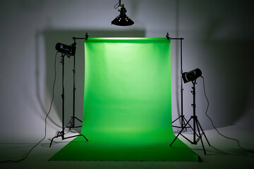 Professional Studio Setup Featuring a Vibrant Green Screen Backdrop Illuminated by Multiple Studio Lights Ready for Digital Compositing and Special Effects Production