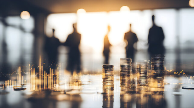 Business and Finance Concept with a Double Exposure of Coins and People
