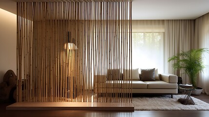 Serene interior with a decorative bamboo screen, neutral tones, and soft natural light creating a