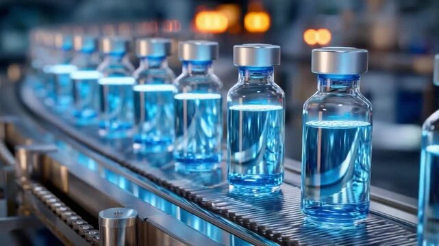 Vaccine Production Line: A close-up view of vials filled with a clear blue liquid, progressing down an automated conveyor belt. A scene symbolizing the process of vaccine and medicine manufacturing