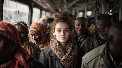 Young woman standing in crowded tram during commute.