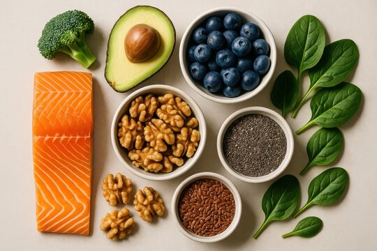 Brain boosting superfoods flat lay with salmon walnuts blueberries leafy greens seeds and herbs clean nutrition concept for cognitive health
