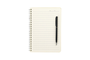 Blank spiral notebook with black pen on open lined pages, isolated on white background with clipping path.