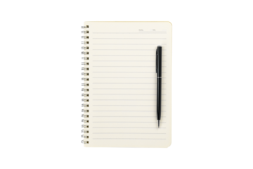 Blank spiral notebook with black pen on open lined pages, isolated on white background with clipping path.