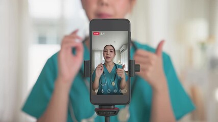 Young adult woman asia Gen Z people anti aging expert modern nurse live talk viral video selfie camera on mobile phone app mental health care. Online sharing digital virtual asian vlogger filming. - Powered by Adobe