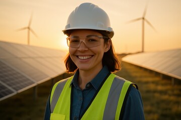 Confident female engineer at a renewable energy site wearing PPE hard hat and reflective vest smiling beside solar panels in warm sunrise light