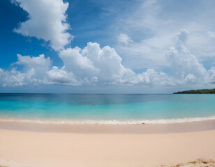 Fototapeta premium Tropical beach panorama, featuring a seascape with a wide horizon that showcases the beautiful expanse of the sky meeting the sea. Tropical beach with blue sky and clouds.