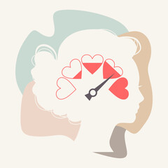 Color scale with arrow and heart shape icons. The measuring device icon. Sign of indicator. Illustration in flat style. Colorful infographic gauge element. Love meter with woman head.