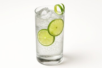 Fototapeta premium Crystal clear gin and tonic with ice and fresh lime wedges isolated on pure white background refreshing classic cocktail product shot