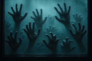 Eerie silhouettes of many zombie hands on rain streaked window with cold blue glow cinematic horror Halloween vibe at night