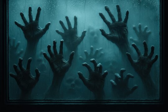 Eerie silhouettes of many zombie hands on rain streaked window with cold blue glow cinematic horror Halloween vibe at night