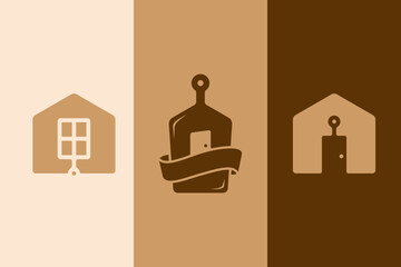 Modern home kitchen logo set. House, cutting board, and spatula icons for home cooking brand